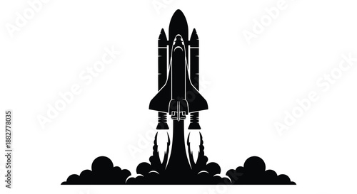 a detailed black and white illustration depicting a rocket launching with billowing smoke and flames presented as a striking silhouette