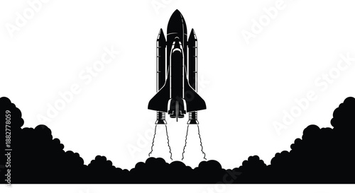 a striking black and white image depicts a space shuttle launching dramatically against a bright white background silhouette high quality professional