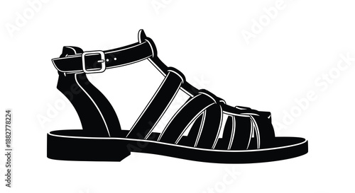 a detailed black and white graphic showing a stylish sandal design with multiple straps presenting a minimalist aesthetic silhouette high quality