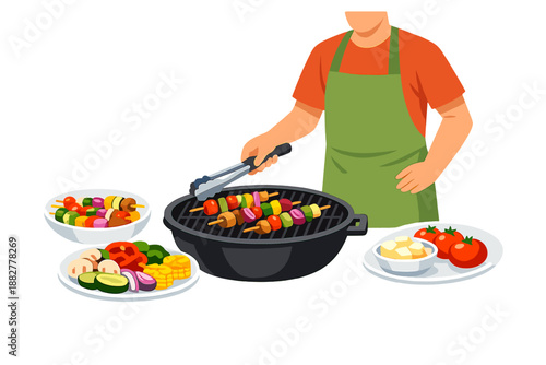 Person Grilling Skewers on Barbecue