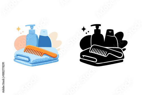 Hair care products with comb and towel on black background