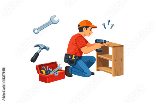 Carpenter assembling furniture with a drill