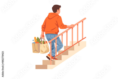 Person carrying groceries up stairs