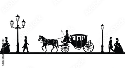 a vintage scene depicting a horse drawn carriage with figures and ornate lamps rendered in a striking black silhouette high quality