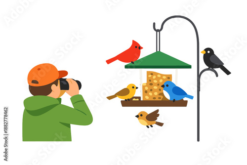 Young Birder with Binoculars Watches Birds at Feeder