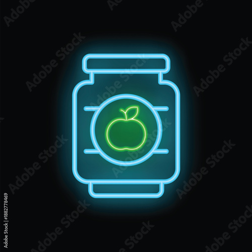 Neon sign of an apple jar glowing on black background, representing healthy eating, organic food, and juice production