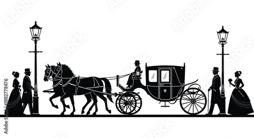 a vintage carriage drawn by a horse with figures in formal attire accompanied by ornate lamps presented as a striking silhouette