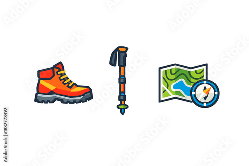 Hiking equipment icons: boot, trekking pole, and map with compass