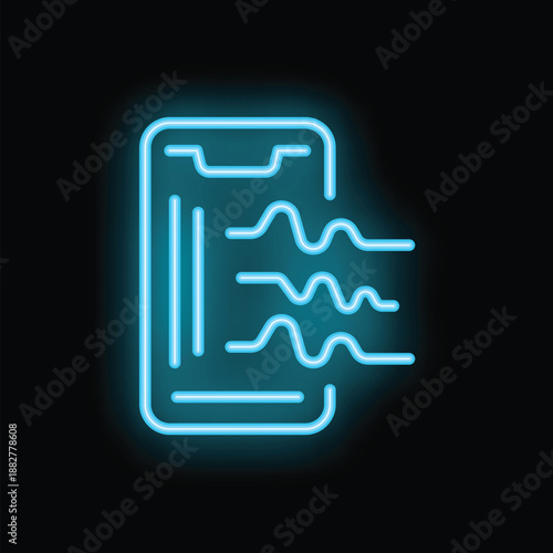 Blue neon icon of a smartphone emitting sound waves, representing mobile audio and music streaming