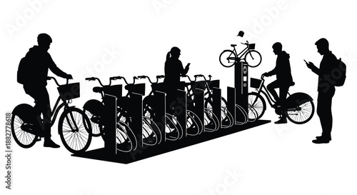 a striking black silhouette depicting a group of people interacting with bicycles parked along a row near a street corner