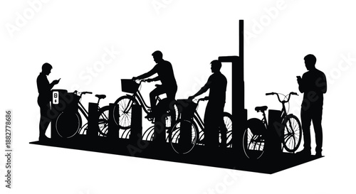a striking illustration depicts several people interacting with bicycles in a row showcasing a minimalist urban scene silhouette high quality professional