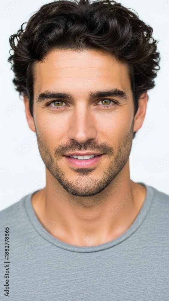 Obraz premium Man Smiling With Curly Hair Gray Shirt