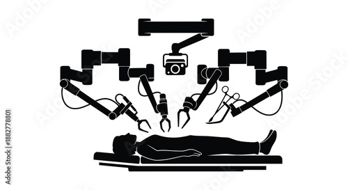 a striking black and white image depicts a robotic surgical procedure on a patient presented as a detailed silhouette high quality