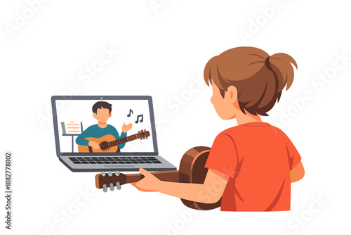 Child learning guitar online with a teacher via video call