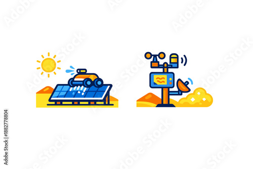 Robotic solar panel cleaning and weather station in desert landscape