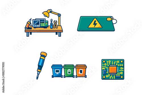 Electronics repair and recycling icons set