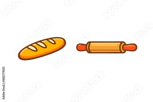 Cartoon baguette and rolling pin with glowing effect