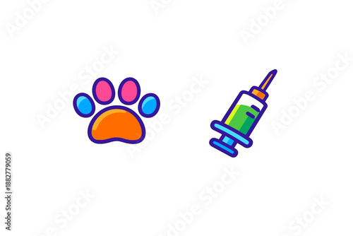 Cute cartoon paw print and syringe icons with neon glow