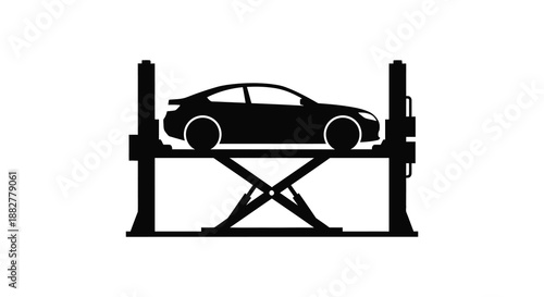 a striking black silhouette depicts a sleek automobile elevated on a car lift showcasing automotive repair and maintenance procedures high quality