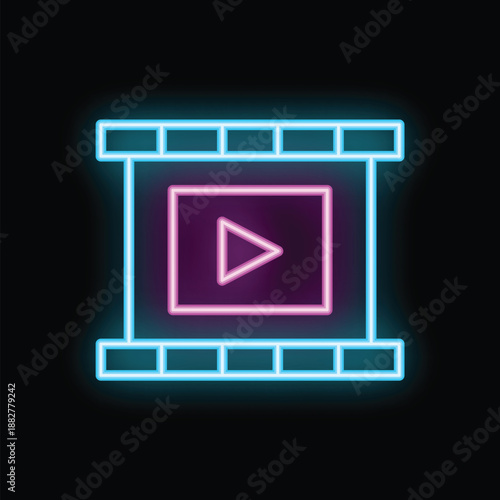 Glowing neon sign depicting a movie film reel with a play button in the center, set against a black background