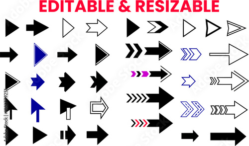 Large set of editable and resizable arrow icons, various styles for digital and print media