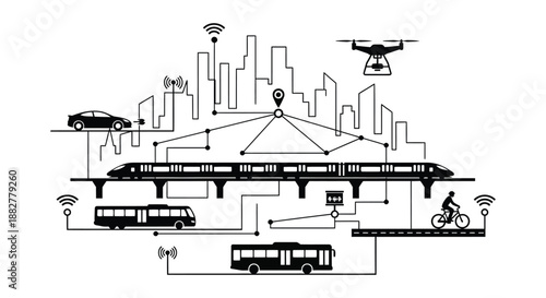 a futuristic cityscape illustration depicting interconnected transportation systems including trains cars buses bikes and a drone silhouette high quality professional detailed