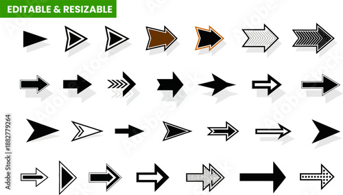 Collection of editable and resizable arrow icons with shadows, diverse styles for design projects