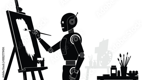 a robotic figure stands before an easel skillfully painting a canvas with a brush creating art in a striking monochrome style silhouette