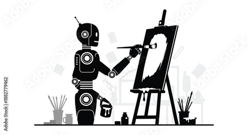 a striking black and white image depicts a robotic figure diligently painting on an easel showcasing artistic creation silhouette high quality