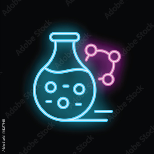 Vibrant neon illustration of a laboratory flask with bubbling liquid and a molecular structure, symbolizing chemical reactions and scientific exploration