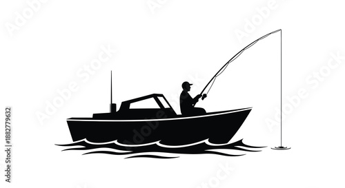 a solitary figure patiently fishing from a small boat on calm waters showcasing a tranquil scene with a striking silhouette