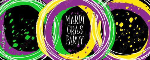 Mardi Gras Party banner. Brush stroke color circles and white lines for Fat Tuesday celebration creative graphic design. Vector illustration.