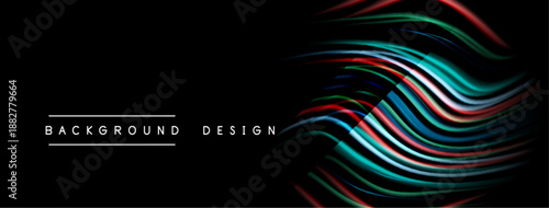Abstract flowing lines create vibrant visual effect. Dark background emphasizes colorful wave design. Modern, dynamic composition.