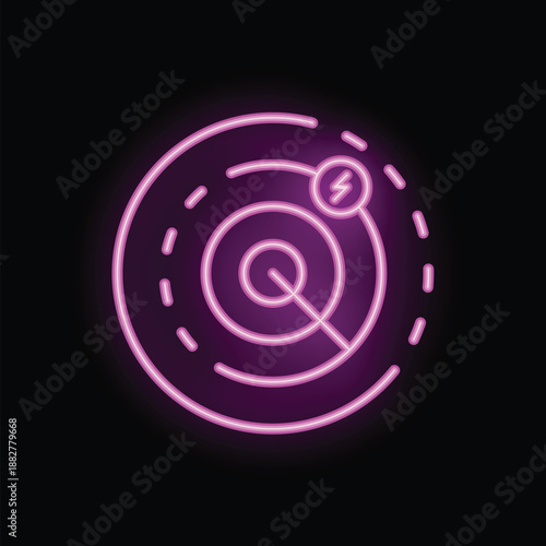 Neon radar detecting incoming storm with lightning bolt on black background