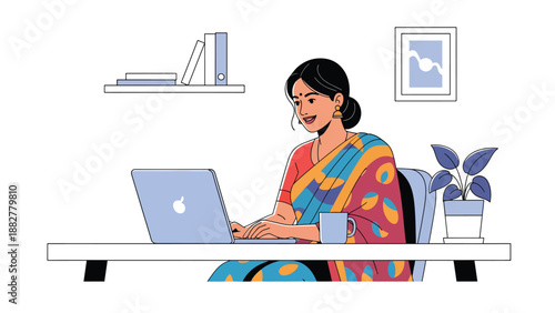 Vector illustration of an Indian woman wearing a traditional saree working on a laptop in a modern home office, representing cultural identity blended with contemporary remote work lifestyle