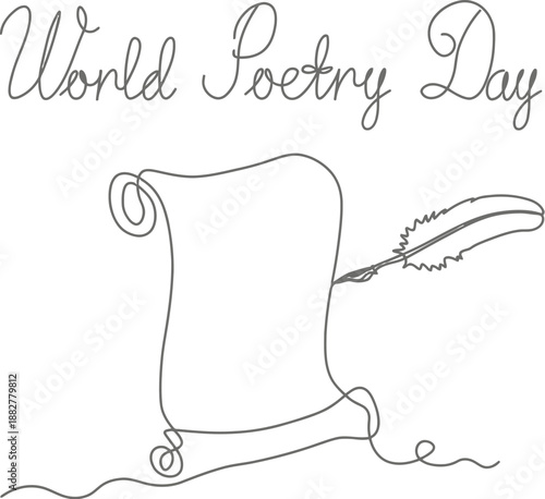 World Poetry Day One Line Drawing of an Ancient Scroll and Feather Quill Pen