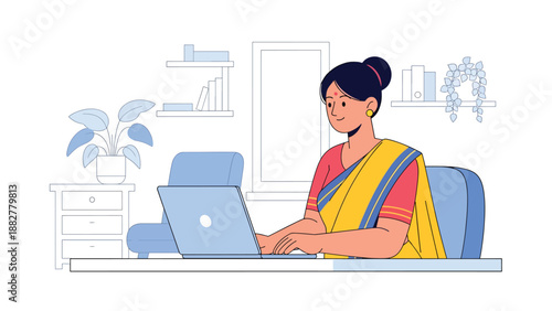 Vector illustration of an Indian woman wearing a traditional saree working on a laptop in a modern home office, representing cultural identity blended with contemporary remote work lifestyle