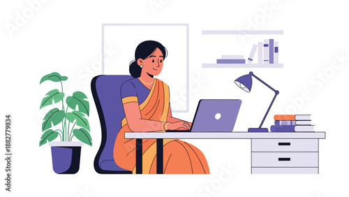 Vector illustration of an Indian woman wearing a traditional saree working on a laptop in a modern home office, representing cultural identity blended with contemporary remote work lifestyle