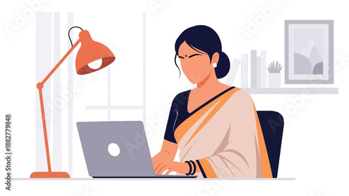 Vector illustration of an Indian woman wearing a traditional saree working on a laptop in a modern home office, representing cultural identity blended with contemporary remote work lifestyle