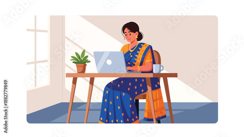 Vector illustration of an Indian woman wearing a traditional saree working on a laptop in a modern home office, representing cultural identity blended with contemporary remote work lifestyle