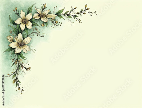 Elegant watercolor floral corner border with delicate cream flowers and green foliage on a light green background, providing ample copy space.