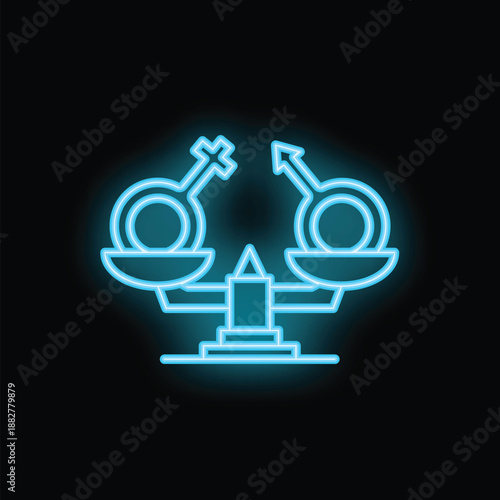 Neon blue gender equality scale balancing male and female symbol on black background representing equality between men and women