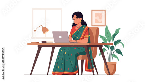 Vector illustration of an Indian woman wearing a traditional saree working on a laptop in a modern home office, representing cultural identity blended with contemporary remote work lifestyle