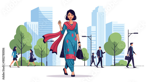 Vector illustration of an Indian woman in salwar kameez walking through a modern city street, showing confidence, everyday urban life, and traditional fashion in a contemporary lifestyle setting