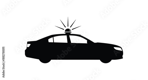 a sleek black vehicle silhouette with flashing lights atop representing a police car in a minimalist and modern graphic design style