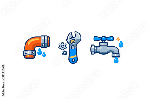 Plumbing icons with dripping water and wrench