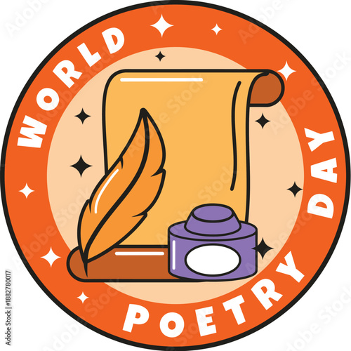 World Poetry Day Badge Illustration with Scroll, Quill Pen and Inkwell in a Circular Seal