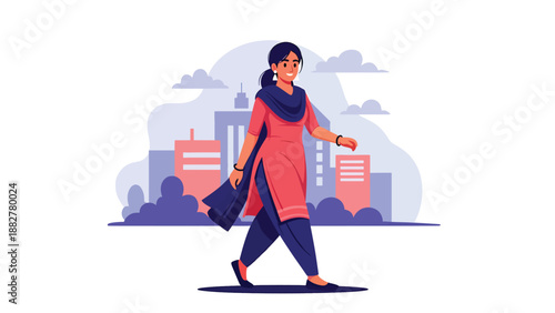 Vector illustration of an Indian woman in salwar kameez walking through a modern city street, showing confidence, everyday urban life, and traditional fashion in a contemporary lifestyle setting