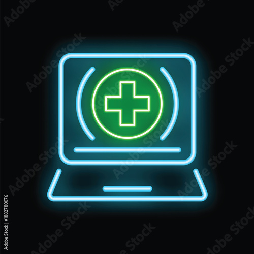 Neon laptop showing green medical cross sign on black background concept for online medicine, telehealth and ehealth
