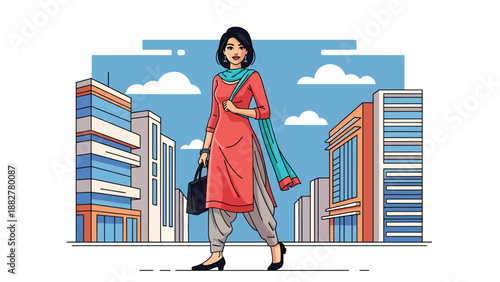 Vector illustration of an Indian woman in salwar kameez walking through a modern city street, showing confidence, everyday urban life, and traditional fashion in a contemporary lifestyle setting